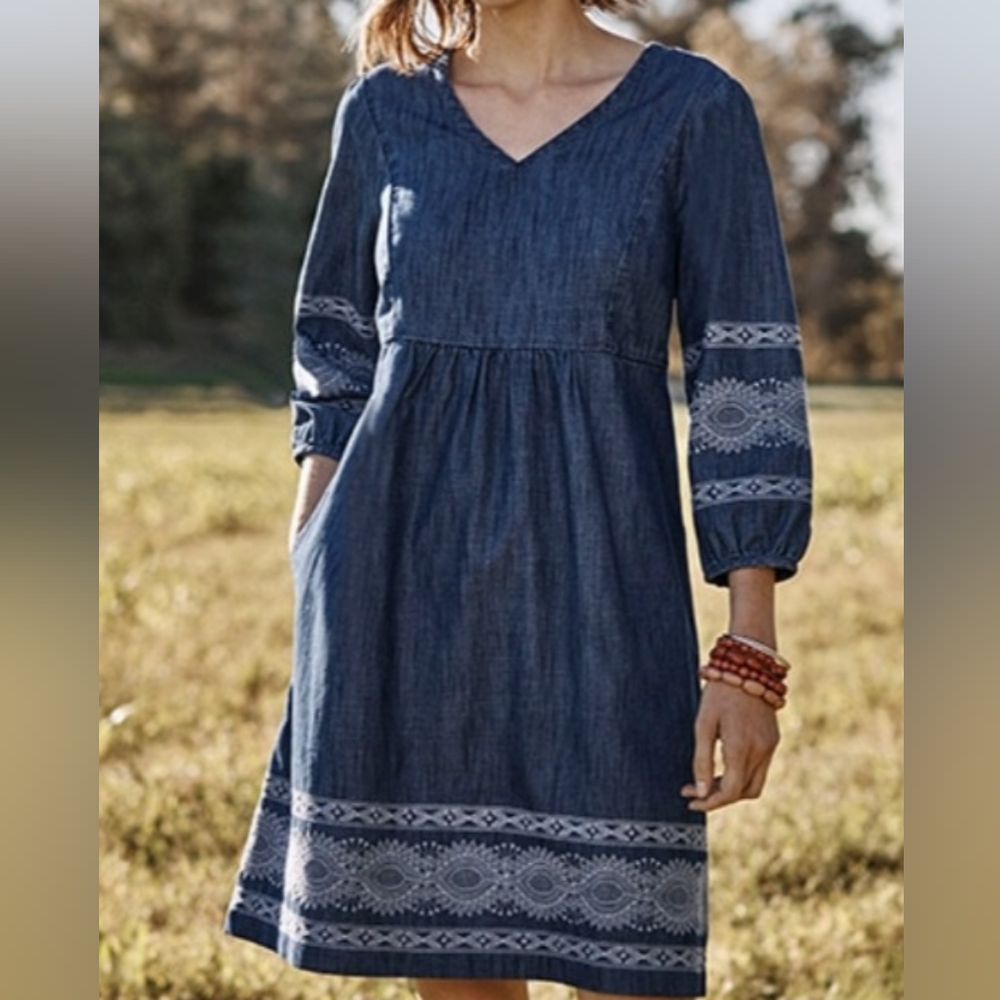 J.Jill Embroidered Peasant Cotton Denim Dress Size MP